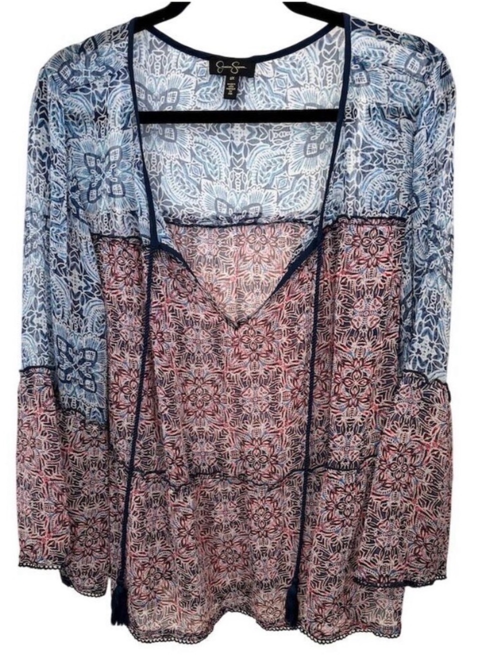 Jessica Simpson Navy Trim Blue & Red Printed Sheer Boho Blouse